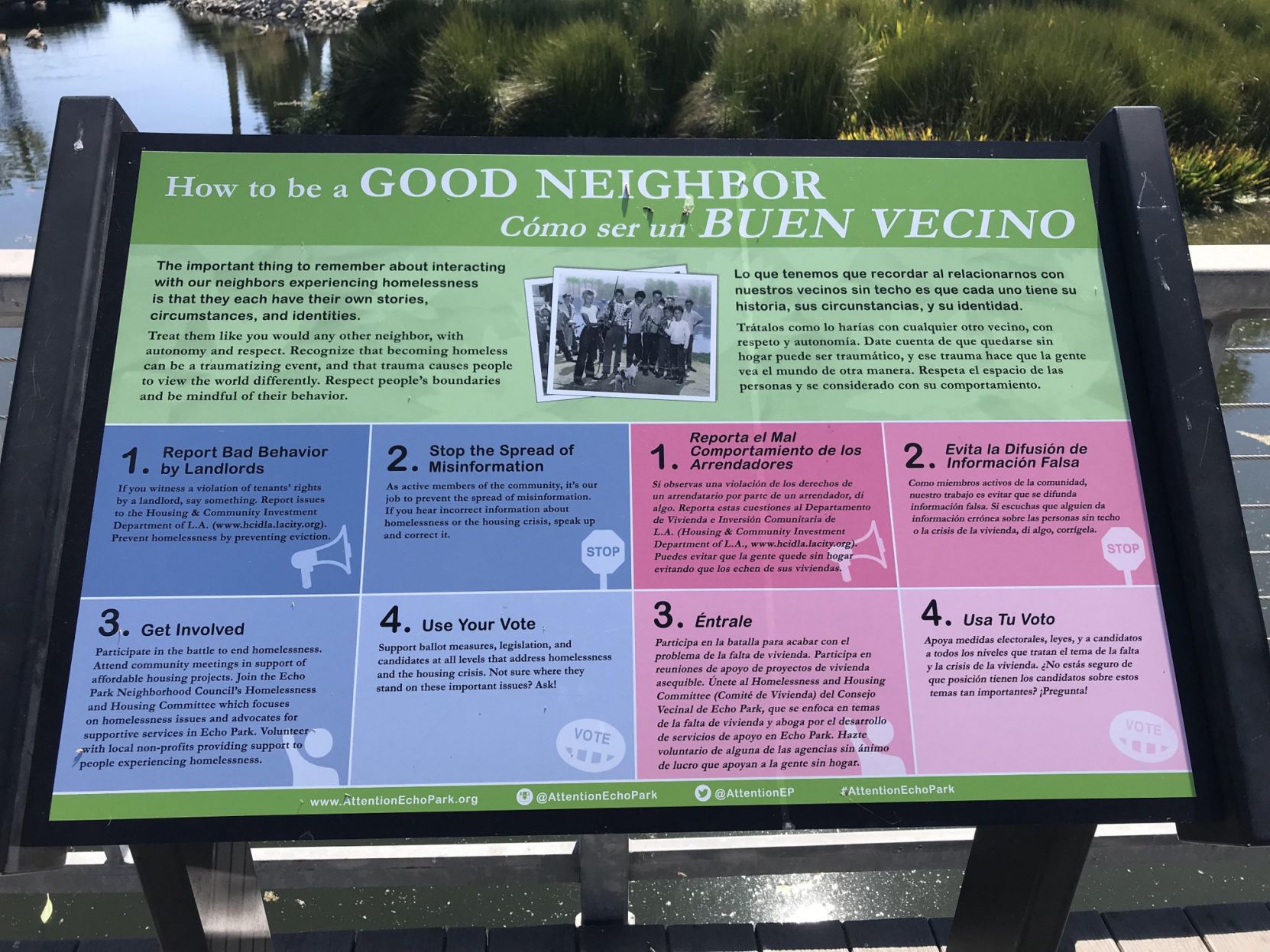 Homeless guerilla art signs at Echo Park Lake